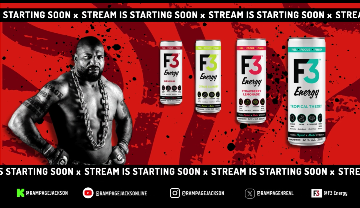 Concept promotional banner for Quinton 'Rampage' Jackson and F3 Energy: bold red-black design with repeated 'STREAM IS STARTING SOON' text, featuring the fighter in gold chain pose, plus four energy drink cans (Original, Citrus Guava, Strawberry Lemonade, Tropical Thunder). Unused client concept.